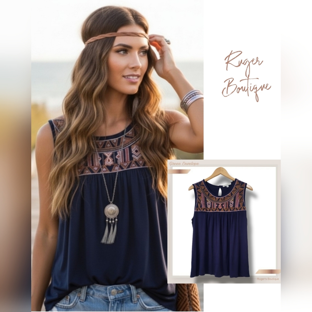 🌿Green Envelope Women's 1X Navy Blue Sleeveless Aztec Embroidered Babydoll Top
